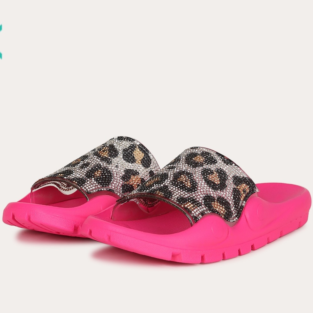 Neon Pink Rhinestone Leopard Slide